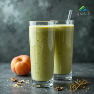 two glasses of peach vanilla matcha smoothie