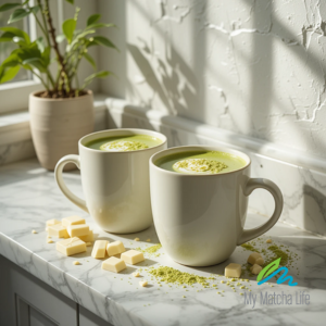 2 mugs of white chocolate matcha latte