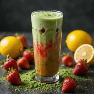 strawberry matcha lemonade in a clear glass
