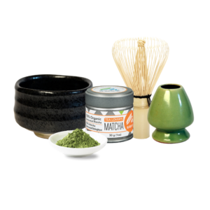 matcha tea set including organic matcha tea tin, matcha whisk, whisk holder and matcha bowl