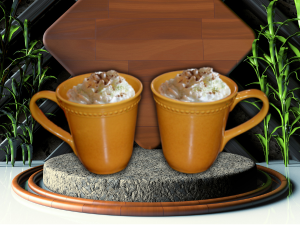 orange mugs of pumpkin spice matcha latte