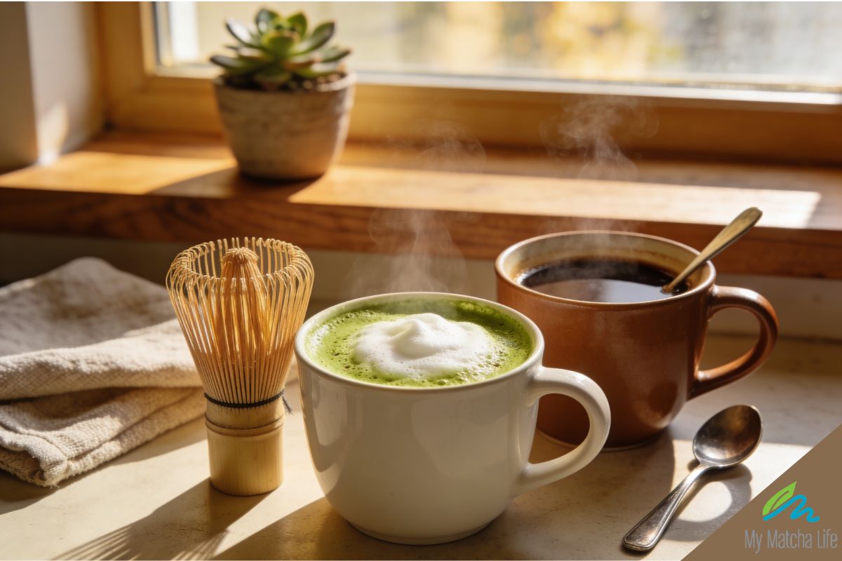 "Matcha vs coffee — why matcha's L-theanine and caffeine create calm focused energy without the jitters"