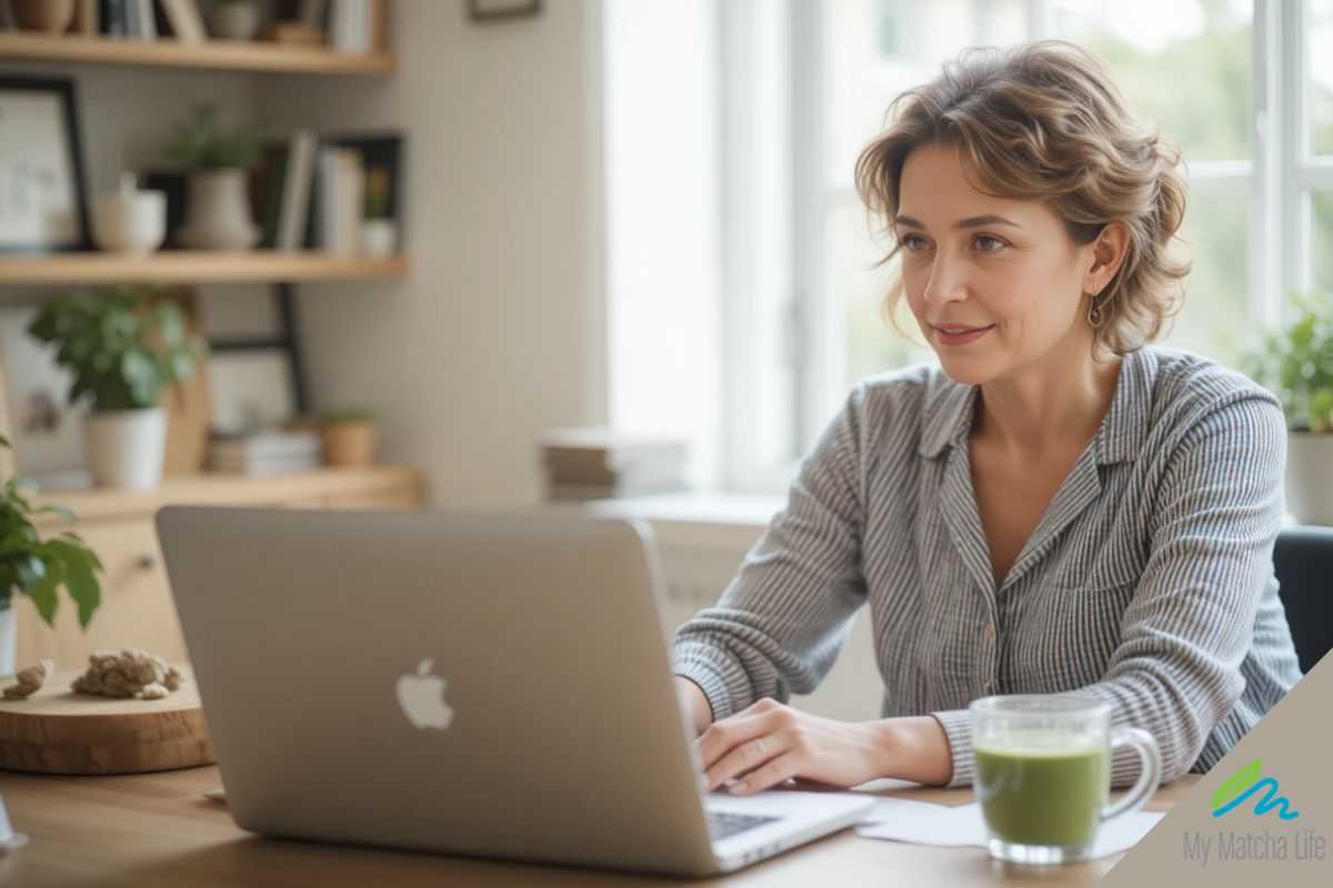 "Woman focused and calm at her desk — matcha L-theanine supports dopamine and mental clarity"