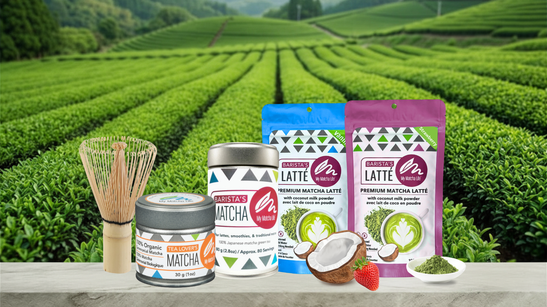 Matcha tea field with My Matcha Life products in the foreground