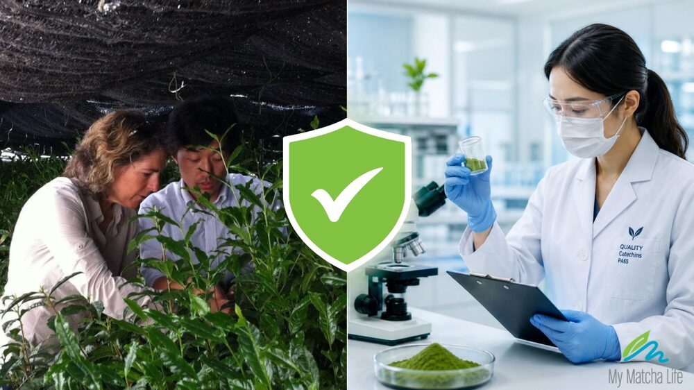 My Matcha Life CEO Calli O'Brien learning matcha cultivation from a Japanese tea master, and a lab attendant testing matcha powder