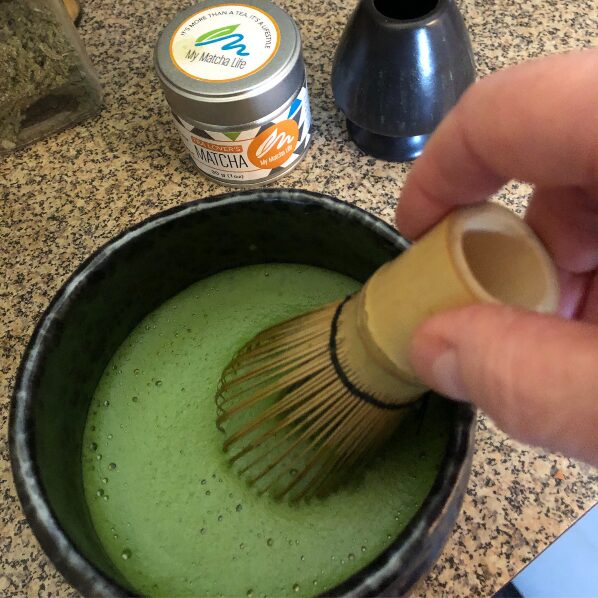 Close-up of fine stone-ground matcha powder