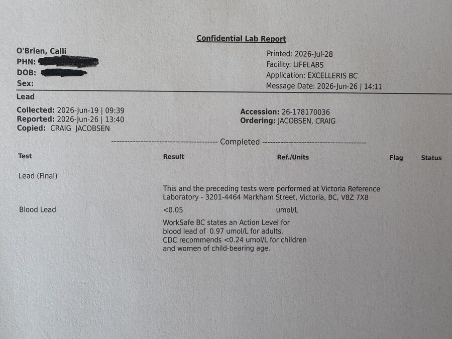 Calli O'Brien's actual blood lead level laboratory test report showing result of less than 0.5 micrograms per decilitre