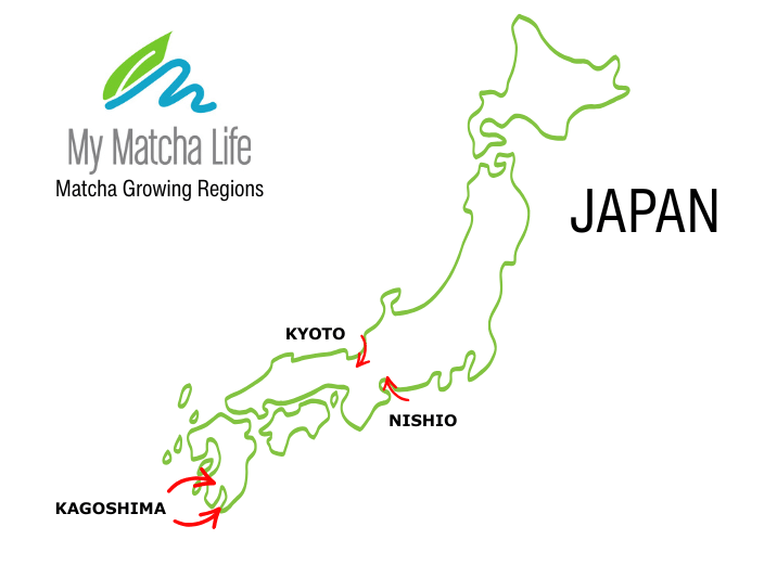 Map of My Matcha Life growing regions in Japan: Kagoshima, Nishio, and Kyoto/Uji